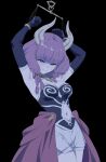  1girl armpits arms_up aura_(sousou_no_frieren) bare_shoulders black_background blue_eyes blush braid breasts closed_mouth clothing_cutout commentary demon_girl demon_horns elbow_gloves gloves highres horns large_breasts medium_hair navel navel_cutout purple_gloves purple_hair restrained revision simple_background solo sousou_no_frieren yd_(orange_maru) 