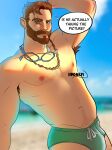  1boy absurdres arm_hair arms_behind_head bara beach beard blurry blurry_background brown_hair bulge chain_necklace coral_island cowboy_shot english_text facial_hair full_beard goggles goggles_around_neck haonem highres jewelry large_pectorals looking_at_viewer male_focus male_swimwear mark_(coral_island) muscular muscular_male navel necklace nipples pectorals plump sand short_hair solo sparse_chest_hair stomach swim_briefs thick_beard topless_male 