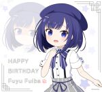  1girl :d beret blue_bow blue_eyes blue_hair blue_headwear bow character_name closed_mouth collared_shirt commentary_request dress_shirt fuiba_fuyu gochuumon_wa_usagi_desu_ka? grey_skirt hair_ornament hairclip hand_up happy_birthday hat mitya multiple_views shaded_face shirt short_sleeves skirt smile star_(symbol) striped_bow striped_clothes striped_skirt suspender_skirt suspenders vertical-striped_clothes vertical-striped_skirt white_background white_shirt 