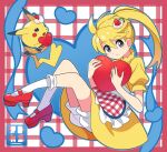  2girls alternate_costume apron blonde_hair bloomers booing cherry_hair_ornament chuchu_(pokemon) commentary_request dress food-themed_hair_ornament full_body grey_eyes hair_ornament heart high_heels highres holding holding_heart kneehighs multiple_girls patterned_background pikachu pokemon pokemon_adventures red_background red_footwear side_ponytail signature smile socks sutokame waist_apron white_apron white_background white_bloomers white_socks yellow_(pokemon) yellow_dress 