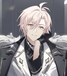  1boy ahoge black_coat black_gloves black_shirt closed_mouth coat coat_on_shoulders collar_chain_(jewelry) collared_shirt curtained_hair eyes_visible_through_hair frilled_shirt_collar frills glint gloves hair_between_eyes half_gloves head_rest idolish7 jacket kujou_tenn lapel_pin lapels loladestiny long_sleeves looking_at_viewer male_focus notched_lapels pink_eyes pink_hair shirt short_hair silver_trim sleeve_cuffs smile solo upper_body white_jacket 