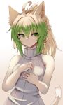  1girl ahoge alternate_hairstyle animal_ears atalanta_(fate) blonde_hair breasts closed_mouth fate/apocrypha fate/grand_order fate_(series) gradient_hair green_eyes green_hair hands_on_own_chest looking_at_viewer medium_breasts multicolored_hair nahu ponytail ribbed_sweater sidelocks simple_background sleeveless sleeveless_turtleneck solo sweater tail turtleneck turtleneck_sweater upper_body white_background white_sweater 