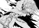  1girl arm_armor cape fate/grand_order fate/samurai_remnant fate_(series) fur-trimmed_cape fur_trim greyscale headpiece holding holding_polearm holding_weapon jeanne_d&#039;arc_alter_(lancer)_(fate) lance monochrome plackart polearm solo thighhighs torn_cape torn_clothes uhana weapon 