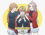  3girls ahoge black_jacket blue_eyes cape cardigan closed_eyes collared_shirt crown dressing_another green_ribbon grey_hair hair_between_eyes happy_birthday highres jacket konoe_kanata long_hair long_sleeves looking_at_another love_live! love_live!_nijigasaki_high_school_idol_club lower_teeth_only mayo_e multiple_girls nakasu_kasumi neck_ribbon nijigasaki_academy_school_uniform open_clothes open_jacket open_mouth orange_hair pink_hair plaid plaid_skirt pleated_skirt purple_eyes red_cape red_cardigan red_jacket red_ribbon ribbon school_uniform shirt short_hair sidelocks skirt teeth upper_body white_shirt white_skirt winter_uniform yellow_ribbon zhong_lanzhu 