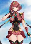  1girl armor breasts cloud cloudy_sky core_crystal_(xenoblade) covered_collarbone covered_navel cowboy_shot drop_earrings earrings fingerless_gloves gloves highres impossible_clothes jewelry large_breasts looking_at_viewer pyra_(xenoblade) red_eyes red_hair red_shorts short_hair short_shorts short_sleeves shorts shoulder_armor sky smile solo swept_bangs thigh_gap thighhighs tiara xenoblade_chronicles_(series) xenoblade_chronicles_2 yamamori_kinako 