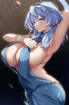  1girl akatsuki_(aktk511) ako_(blue_archive) ako_(dress)_(blue_archive) ass bare_back belly_chain blue_archive blue_dress blue_eyes blue_hair blush bracelet breasts closed_mouth dress halo highres huge_breasts jewelry looking_at_viewer medium_hair solo 