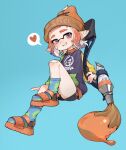  1girl bandaid bandaid_on_face beanie blue_background eyebrow_cut full_body grin hat heart holding inkbrush_(splatoon) inkling orange_eyes orange_footwear orange_hair orange_headwear pointy_ears salted_whale short_shorts shorts simple_background smile socks solo splatoon_(series) spoken_heart tentacle_hair 