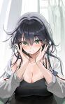  1girl absurdres bare_shoulders black_camisole black_hair blurry blurry_background blush breasts camisole choyeon cleavage closed_mouth collarbone curtains green_eyes hair_between_eyes hand_on_own_face highres holding holding_stylus jacket large_breasts long_hair long_sleeves looking_down mixed-language_commentary original single_bare_shoulder smile solo stylus upper_body white_jacket 