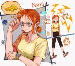  1girl absurdres annoyed blush gold highres log_pose nami_(one_piece) one_piece orange_eyes orange_hair shirt solo yellow_shirt zhoujo51 