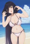  1girl absurdres alternate_costume beach bikini black_hair blue_sky breasts cleavage cloud day fukayama_(0ppaityuki) hair_between_eyes hands_up highres large_breasts long_hair navel ocean open_mouth outdoors outstretched_arms red_eyes sand sidelocks sky solo swimsuit water white_bikini yamada_tae zombie_land_saga zombie_pose 