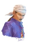  1boy absurdres angry bandana blue_shirt brown_eyes chinese_clothes dated highres jewelry kohji long_hair looking_at_viewer looking_to_the_side necklace open_clothes open_mouth open_shirt ren_wu_ying shenmue shenmue_ii shirt signature solo tooth_necklace upper_body white_background white_bandana 