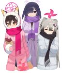  3girls alternate_costume animal_ear_fluff animal_ears black_hair black_scarf blue_archive brown_eyes closed_eyes closed_mouth coat commentary_request cropped_legs crossed_arms floral_print fox_hair_ornament gloves glow_(user_hnpv7785) hair_between_eyes hair_over_one_eye halo highres holding izuna_(blue_archive) korean_commentary long_hair long_sleeves looking_at_viewer michiru_(blue_archive) multiple_girls ninjutsu_research_club_(blue_archive) one_eye_covered own_hands_together pink_coat pink_gloves pink_halo purple_coat purple_eyes purple_gloves purple_halo scarf simple_background smile thick_eyebrows tsukuyo_(blue_archive) twintails wavy_mouth white_background white_coat winter_clothes 