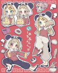  3girls :o :q animal_hood bamboo_steamer baozi baseball baseball_bat black_footwear black_pantyhose blonde_hair blush_stickers book bowl chinese_clothes commentary double_bun eating food fried_rice full_body green_eyes green_hair grey_eyes gumi hair_bun hair_ornament hairclip highres holding holding_food holding_spoon hood kagamine_rin kanato345 looking_at_viewer multiple_girls noodles one_eye_closed open_mouth outline panda_hood pants pantyhose pink_hair ramen red_background red_eyes red_shirt shirt short_hair sidelocks simple_background spoon steam swept_bangs tongue tongue_out upper_body vocaloid white_pants yi_er_fan_club_(vocaloid) 