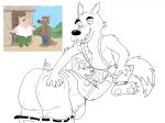 2023 anthro balls belly big_belly big_butt bottomwear bottomwear_down butt canid canine canis clothed clothing domestic_pig duo erection eyewear family_guy genitals geuremon glasses hi_res male male/male mammal overweight overweight_male pants pants_down partially_clothed penis peter_griffin simple_background sitting suid suina sus_(pig) tongue tongue_out white_background wolf
