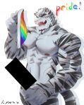  1boy :d abs absurdres animal_ears arknights bar_censor bara censored cha_shao_bao_du completely_nude cowboy_shot facial_hair facial_mark flag furry furry_male goatee highres holding holding_flag huge_eyebrows large_hands large_pectorals lgbt_pride looking_at_viewer looking_to_the_side male_focus mini_flag mountain_(arknights) muscular muscular_male navel nipples nude pectorals penis pride_month rainbow_flag rainbow_flag_print scar scar_across_eye scar_on_arm short_hair smile solo stomach tiger_boy tiger_ears white_hair 