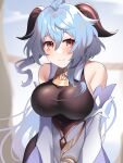  1girl absurdres aburai_yui ahoge blue_hair bodystocking breasts commentary_request ganyu_(genshin_impact) genshin_impact high-waist_skirt highres horns large_breasts long_hair looking_at_viewer orange_eyes skirt solo white_skirt 
