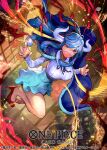  1girl bare_legs blue_cape blue_dress blue_hair breasts cape claw_pose copyright_name curled_horns dress english_text high_heels horns jumping large_breasts lightning long_hair looking_at_viewer mask mouth_mask nijimaarc official_art one_piece short_dress two-tone_dress ulti_(one_piece) white_dress 