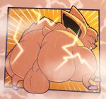 2024 backsack balls big_balls big_butt bodily_fluids butt dani_fennec digital_media_(artwork) eeveelution feral generation_1_pokemon genitals hi_res huge_butt jolteon male musk musk_clouds nintendo pokemon pokemon_(species) quadruped rear_view simple_background solo sweat sweatdrop thick_thighs wide_hips