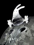  animal_focus arm_up black_background clothes_grab commentary crater ghost highres li04r moon no_humans no_mouth original rabbit size_difference solid_circle_eyes space standing 