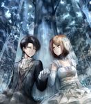  1girl angel31424 dress elbow_gloves eye_contact forest formal gloves highres holding_hands levi_(shingeki_no_kyojin) looking_at_another nature petra_ral shingeki_no_kyojin sitting smile suit tree wedding_dress 