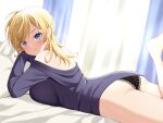  1girl ass barefoot bed_sheet black_panties black_shirt blonde_hair blue_eyes blush breasts closed_mouth highres kantai_collection large_breasts light_smile long_hair looking_at_viewer lying on_stomach panties pillow shirt sleeves_past_fingers sleeves_past_wrists solo tuscaloosa_(kancolle) underwear yomogi_dango 