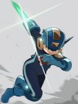  1boy 3suisousui blue_footwear blue_gloves blue_headwear bodysuit energy_sword full_body gloves green_eyes helmet highres male_focus mega_man_(series) mega_man_battle_network_(series) megaman.exe simple_background solo sword weapon 