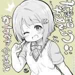  1girl birthday blush chibi commentary crescent crescent_hair_ornament crossed_out crown dated greyscale_with_colored_background hair_ornament looking_at_viewer love_live! love_live!_nijigasaki_high_school_idol_club mezashi_(mezamashi_set) nakasu_kasumi nijigasaki_academy_school_uniform one_eye_closed school_uniform short_hair signature solo star_(symbol) star_hair_ornament translation_request twitter_username upper_body yellow_background 