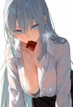  1girl absurdres ai-generated bare_shoulders black_dress blue_eyes breasts cleavage collarbone collared_shirt condom condom_in_mouth dress grey_hair hair_between_eyes highres large_breasts long_hair looking_at_viewer morgan_le_fay_(chaldea_satellite_station)_(fate) morgan_le_fay_(fate) mouth_hold office_lady shirt solo undone_bra very_long_hair wet wet_clothes wet_hair white_background 