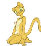 animal_humanoid anthro areola bethesda_softworks breasts felid felid_humanoid feline feline_humanoid female filthypally fur guide_lines hi_res humanoid katia_managan kneeling looking_at_viewer mammal mammal_humanoid nipples nude prequel_adventure simple_background sketch smile solo the_elder_scrolls webcomic white_background yellow_body yellow_fur yellow_sclera