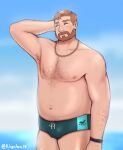  1boy a-hem_(a_hemhem18) arm_hair armpit_hair bara beach beard belly brown_hair bulge coral_island cowboy_shot facial_hair fat full_beard green_male_swimwear highres male_focus male_swimwear mark_(coral_island) navel navel_hair nipples pectorals scratching_head short_hair shy solo standing stomach swim_briefs thick_beard topless_male 