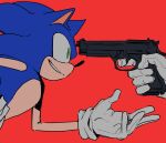 2boys animal_ears animal_nose at_gunpoint commentary diamondx1704 english_commentary from_side furry furry_male gloves green_eyes gun handgun highres holding holding_gun holding_weapon male_focus multiple_boys out_of_frame red_background shadow_the_hedgehog simple_background smile solo_focus sonic_(series) sonic_the_hedgehog upper_body weapon white_gloves 