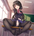  1girl asisuki black_hair black_thighhighs blue_skirt chalkboard date_a_live desk hair_between_eyes indoors long_sleeves on_desk open_mouth panties raizen_high_school_uniform red_eyes school_uniform skirt solo thighhighs tokisaki_kurumi underwear window 