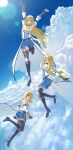  3girls above_clouds absurdres ahoge arms_up belt blonde_hair blue_choker blue_dress blue_sky boots breasts cape chest_armor choker closed_mouth cloud detached_sleeves dress e_ga_ku flying full_body gloves gran_maria high_heel_boots high_heels highres isekai_nonbiri_nouka knee_boots kudel_(isekai_nonbiri_nouka) kurone_(isekai_noubiri_nouka) lens_flare long_hair looking_at_viewer medium_breasts multiple_girls open_mouth pantyhose purple_gloves purple_pantyhose short_hair shoulder_pads sky smile uniform very_long_hair white_cape yellow_eyes 