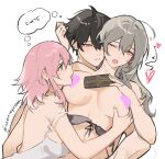  1boy 2girls ;o alternate_costume backless_outfit backless_shirt bisexual_female bite_mark black_bra black_hair blush bra breasts censored censored_nipples commentary dan_heng_(honkai:_star_rail) english_commentary english_text grabbing grabbing_another&#039;s_breast grey_eyes grey_hair heart hickey holding holding_phone honkai:_star_rail honkai_(series) licking licking_nipple march_7th_(honkai:_star_rail) medium_breasts medium_hair multiple_girls nevercrymoon nipple_stimulation one_eye_closed open_mouth orange_eyes parted_lips phone pink_hair shared_thought_bubble shirt short_hair simple_background sleeveless sleeveless_shirt spaghetti_strap stelle_(honkai:_star_rail) thought_bubble trailblazer_(honkai:_star_rail) twitter_username underwear upper_body white_background white_shirt wince 