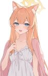  1girl animal_ear_fluff animal_ears blue_archive blue_eyes blush camisole collarbone hair_between_eyes halo highres long_hair looking_at_viewer mari_(blue_archive) open_mouth orange_hair simple_background smile solo teti upper_body white_background white_camisole yellow_halo 