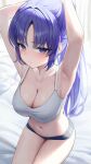 1girl absurdres armpits blue_archive blue_panties blush bra breasts cleavage closed_mouth collarbone cowboy_shot damcheong grey_bra highres large_breasts long_hair looking_at_viewer navel panties ponytail purple_eyes purple_hair sitting solo underwear yuuka_(blue_archive) 