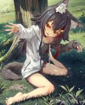  1girl absurdres aged_down animal_ear_fluff annmitsu114 barefoot black_hair black_hoodie black_shorts crossed_bangs day feet full_body grass hair_ornament hands_up highres hololive hood hoodie legs long_sleeves multicolored_hair nail_polish off_shoulder on_ground ookami_mio orange_eyes outdoors outstretched_arm shadow short_shorts shorts sidelocks sitting sleeves_past_wrists solo spread_toes streaked_hair tail tearing_up thighs toenail_polish toenails toes tree two-tone_hoodie virtual_youtuber wariza white_hoodie wolf_girl wolf_tail 