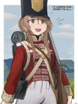  1girl absurdres ammunition_pouch artist_name backpack bag black_headwear blue_sky blush bolt_action border brown_hair clear_sky cloud cloudy_sky coat collared_coat commentary cowboy_shot criss-cross_straps day england english_commentary english_text gamryous girls&#039;_frontline green_eyes gun hair_between_eyes hair_knot hair_over_shoulder hat highres hill holding holding_gun holding_weapon lee-enfield lee-enfield_(girls&#039;_frontline) long_hair military_uniform open_mouth outdoors outside_border pants pouch red_coat rifle shako_cap shoulder_pouch sidelocks signature sky sleeping_bag smile solo strap teeth text_background uniform united_kingdom upper_teeth_only weapon white_border white_pants 
