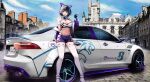  1girl :d absurdres animal_ear_headphones animal_ears arm_support azur_lane bare_shoulders black_gloves black_hair blue_eyes blue_hair blue_nails blue_sky breasts car cat_ear_headphones cheshire_(azur_lane) cleavage clothing_cutout cloud collarbone commentary day detached_collar fake_animal_ears fingerless_gloves full_body gloves hand_up headphones headset high_heels highres jacket jaguar_(car) kcar66t large_breasts location_request looking_at_viewer midriff motor_vehicle multicolored_hair navel necktie off_shoulder open_mouth outdoors paid_reward_available purple_footwear purple_jacket purple_necktie purple_shorts race_queen real_world_location royal_navy_emblem_(azur_lane) shadow short_hair short_necktie short_shorts shorts side_cutout sidelocks skindentation sky smile solo sports_bra standing streaked_hair thighhighs two-tone_hair v vehicle_request white_sports_bra white_thighhighs 