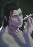  1boy 9gu_84 absurdres black_hair highres holding_razor male_focus mature_male medium_hair scar scar_on_chin scar_on_face scar_on_mouth scar_on_nose sergei_dragunov shaving shaving_beard shaving_cream solo tekken upper_body wet 