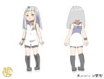  1girl bare_arms bare_shoulders blush boots collarbone cross-laced_footwear grey_footwear grey_hair grey_shorts highres horns kneehighs kuro_kosyou lace-up_boots long_hair multiple_views oni original parted_lips pointy_ears red_eyes shirt shorts simple_background single_horn sleeveless sleeveless_shirt smile socks standing thick_eyebrows translation_request turnaround white_background white_shirt x-ray 