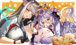  2girls ahoge animal_ears black_gloves black_hair blush breasts cat_ears cat_tail fang gloves gradient_hair grey_hair hair_between_eyes hair_ornament hairpin head_rest henya_the_genius henya_the_genius_(2nd_costume) highres jyuka_en large_breasts long_bangs long_hair looking_at_viewer lying multicolored_hair multiple_girls on_stomach pantyhose purple_hair purple_shirt purple_skirt shirt sidelocks skirt smile streaked_hair tail virtual_youtuber vshojo white_pantyhose yellow_eyes zentreya 