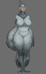 accessory anthro avian avian_feet big_breasts bird blue_eyes breasts curvy_figure feathered_wings feathers featureless_breasts featureless_crotch female grey_background grey_body grey_feathers hair_accessory hair_tie head_feathers hi_res huge_breasts looking_aside mature_anthro mature_female navel neck_tuft nude pelecaniform seb_valenz shoebill simple_background smile solo tail tail_feathers tuft voluptuous wide_hips winged_arms wings