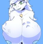 anthro big_breasts blue_nipples breast_vore breasts digestion dragon female fur furred_dragon green_eyes hair hi_res huge_breasts jewelry long_hair mythological_creature mythological_scalie mythology necklace necklace_only nipples nude rifykoh scalie solo vore white_body white_fur white_hair