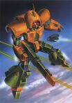  1980s_(style) aircraft asshimar beam_rifle cloud concept_art contrail energy_beam energy_gun flying gundam machinery mecha mobile_suit multiple_views no_humans official_art one-eyed ookawara_kunio radio_antenna retro_artstyle robot scan science_fiction thrusters traditional_media weapon zeta_gundam 