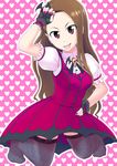  :p absurdres breasts brown_hair dress fangs fingerless_gloves garter_straps gloves hairband hand_on_hip head_tilt heart heart_background highres idolmaster idolmaster_(classic) kneeling long_hair m-yuki minase_iori my_dear_vampire nail_polish no_shoes puffy_short_sleeves puffy_sleeves red_eyes short_sleeves small_breasts solo spider_web_print thighhighs tongue tongue_out wrist_cuffs 