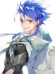  1boy black_shirt blue_hair braid cape cu_chulainn_(fate) fate/grand_order fate_(series) grin hair_between_eyes hood hood_down hooded_cape kotobuki_toro long_hair looking_back male_focus red_eyes setanta_(fate) shirt sideburns smile solo white_background white_cape 