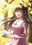  1girl belt blurry blurry_foreground book brown_hair collared_dress dress ginkgo_leaf highres holding holding_book leaf long_hair long_sleeves looking_at_viewer open_mouth original outdoors purple_eyes smile solo sora_harukawa tree very_long_hair 