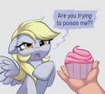 amber_eyes blonde_hair confetticakez cupcake derp_eyes derpy_hooves_(mlp) dialogue english_text equid equine food friendship_is_magic frown fur grey_body grey_fur hair hasbro mammal my_little_pony mythological_creature mythological_equine mythology pegasus text unimpressed wings