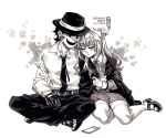  1boy 1girl artist_name blush braid collared_shirt crossed_legs dress english_commentary fedora full_body greyscale hat highres inktober jacket long_sleeves mary_janes mask monochrome neck_ribbon necktie pants parted_lips ribbon ryouhiko_ankuu scene_reference shinzaki_kuon shirt shoes simple_background sitting sleeping sleeping_on_person sniper_mask_(tenkuu_shinpan) tenkuu_shinpan thighhighs traditional_media yokozuwari 